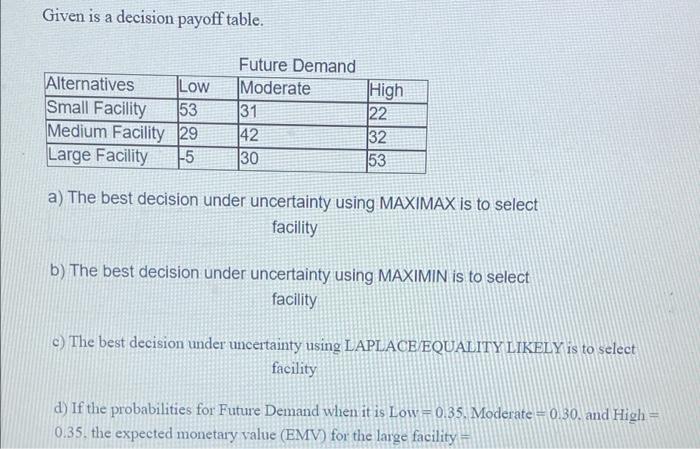 Given is a decision payoff table. Alternatives