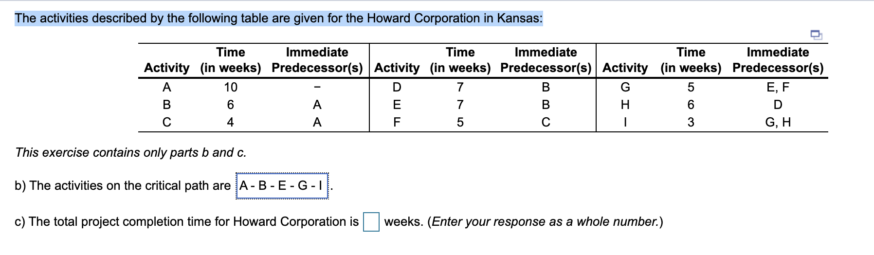 The activities described by the following table