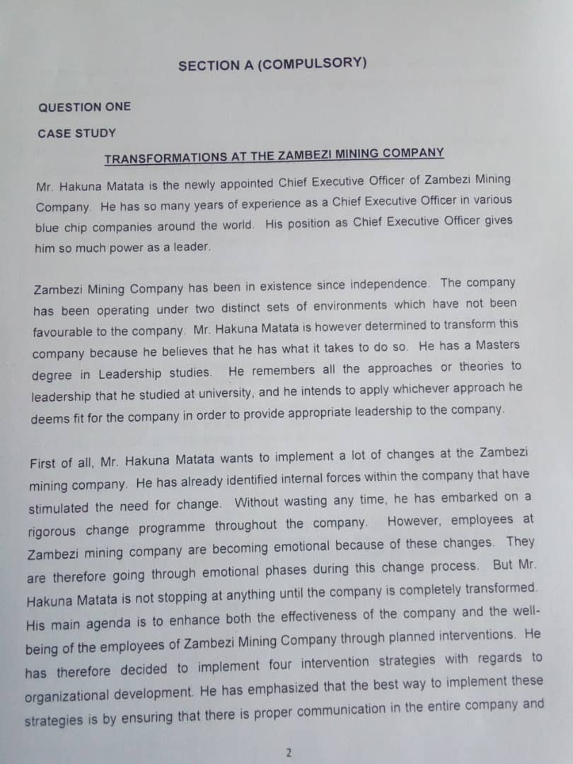 SECTION A (COMPULSORY) QUESTION ONE CASE STUDY