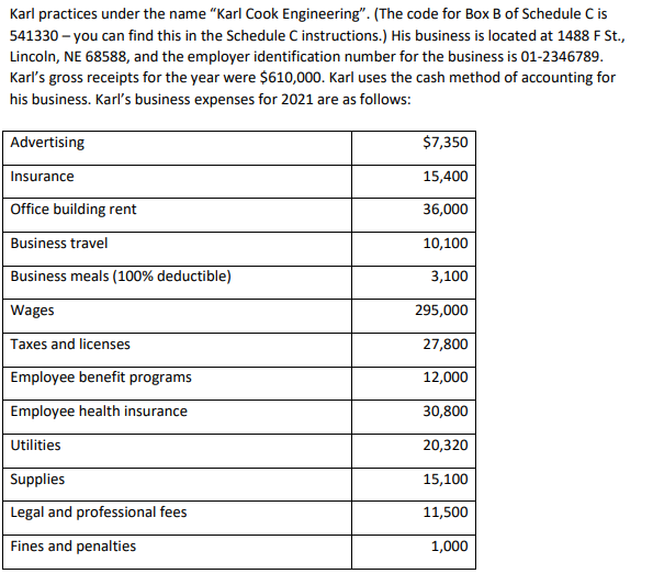 Using the information below prepare a Schedule C