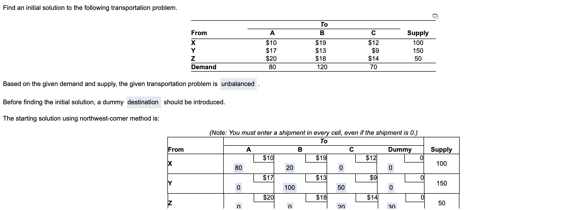 Find an initial solution to the following