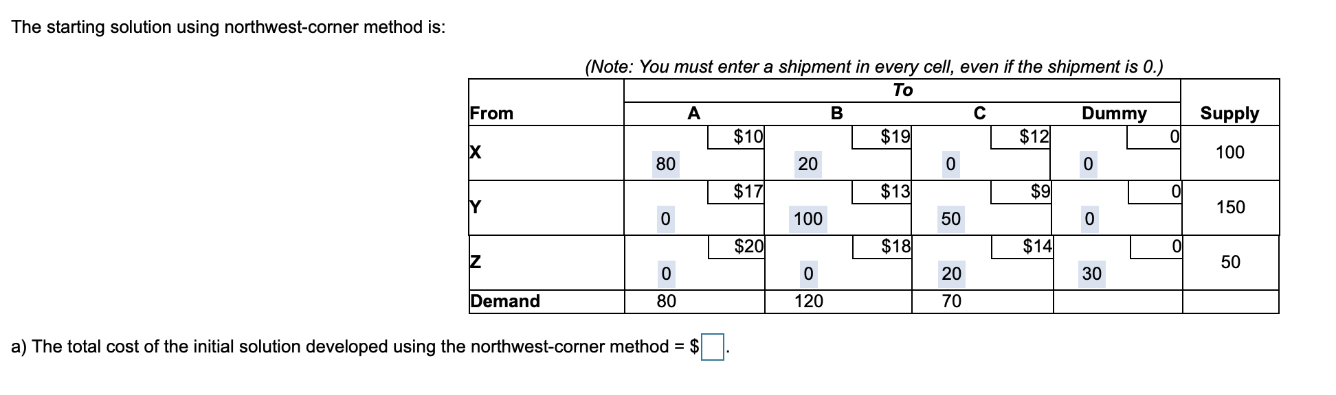 Find an initial solution to the following
