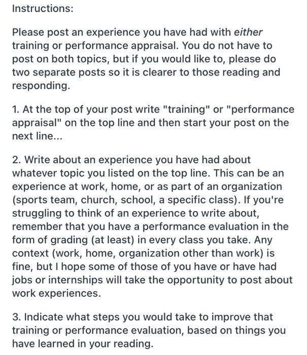 Instructions: Please post an experience you have