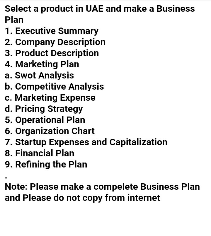 Select a product in UAE and make a Business Plan