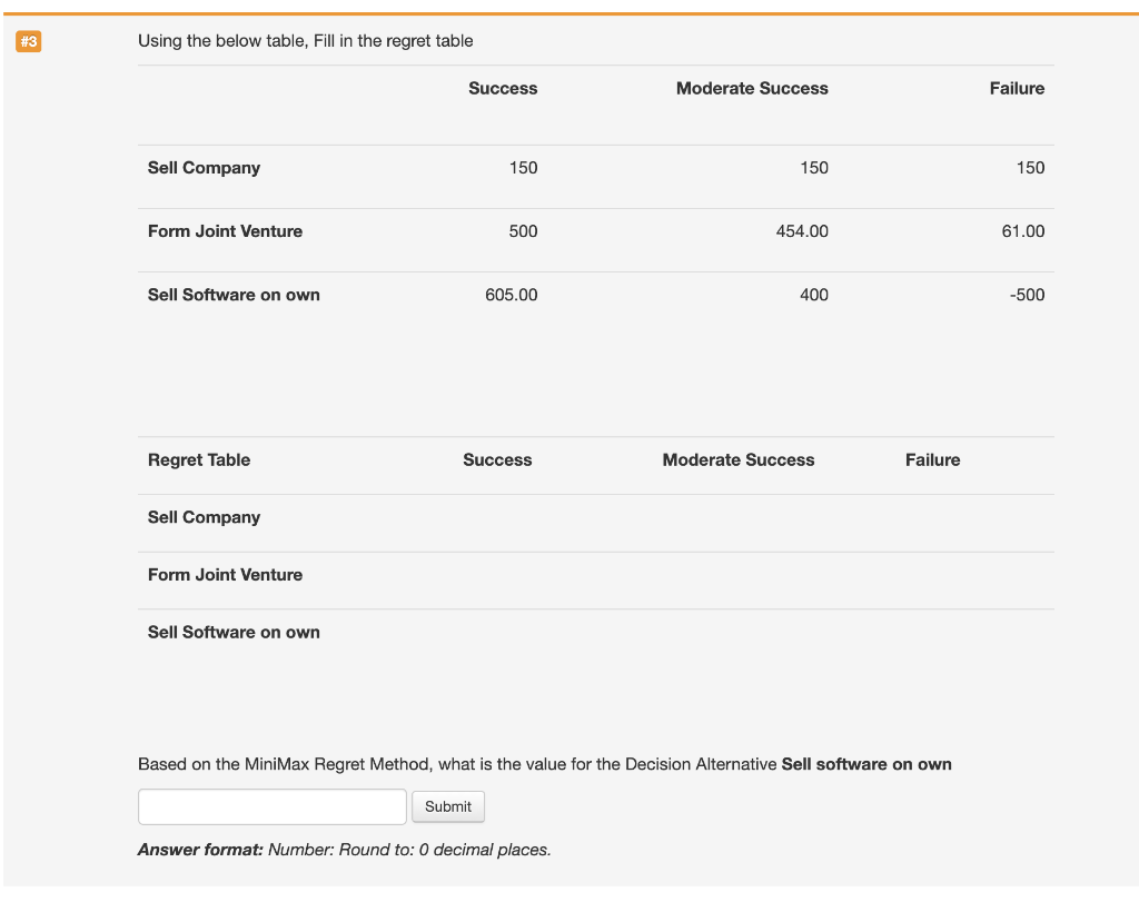 #3 Using the below table, Fill in the regret