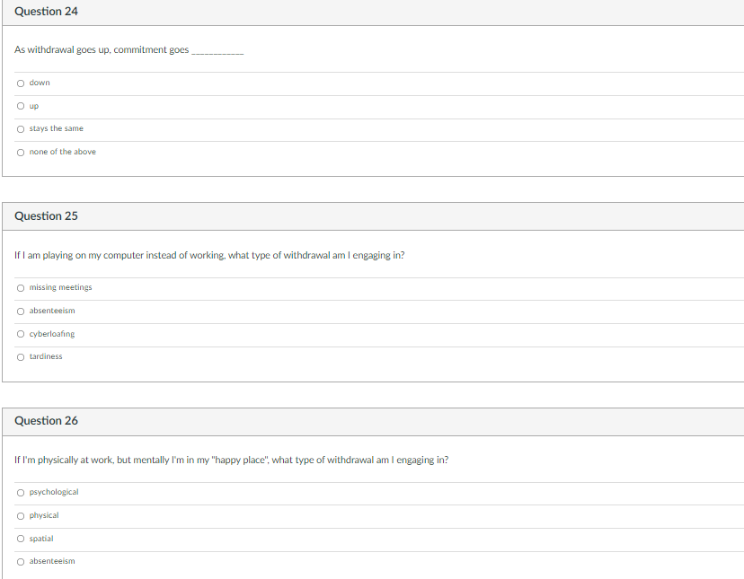 Question 24 As withdrawal goes up, commitment