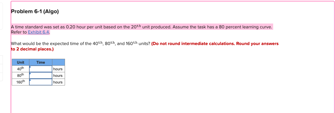 A time standard was set as 0.20 hour per unit