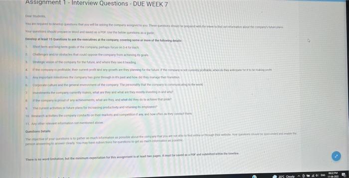 Assignment 1 - Interview Questions - DUE WEEK 7