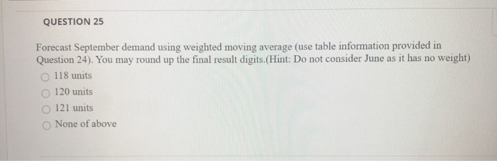 QUESTION 25 Forecast September demand using