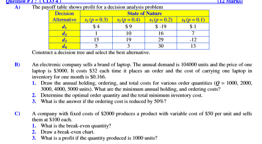 Uuestion 12. Marks) 1: ULU4_ The payoff table
