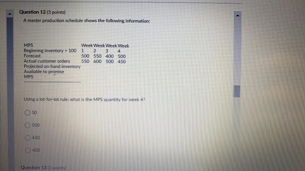 Question 12 (3 points) A master production