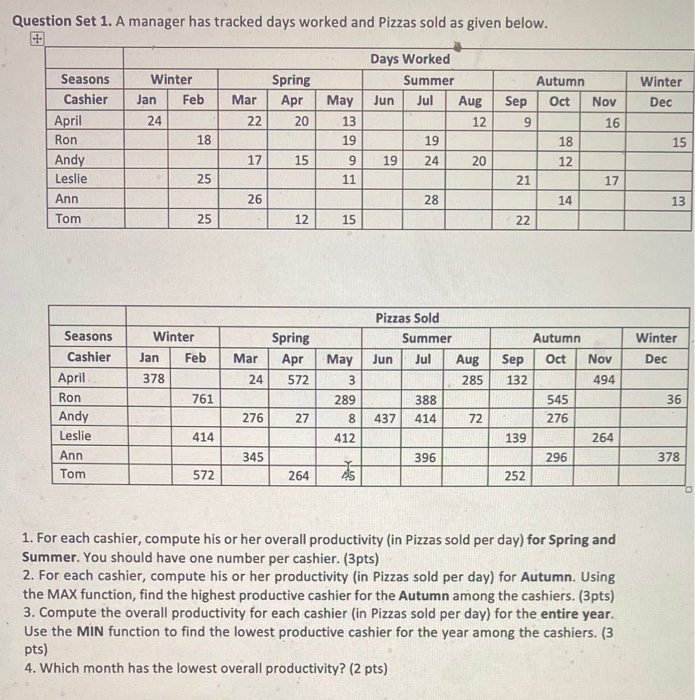 please use Excel!!!!! Question Set 1. A manager