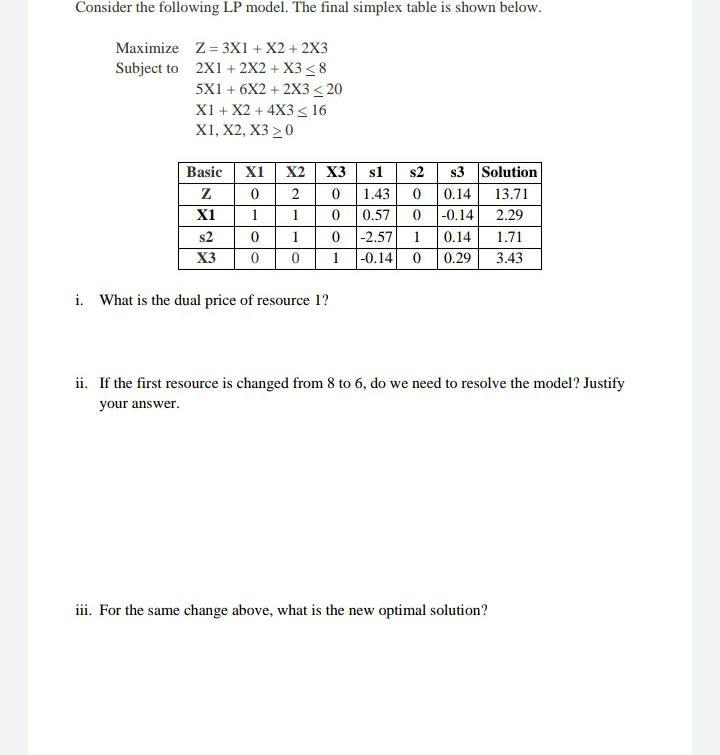 Consider the following LP model. The final