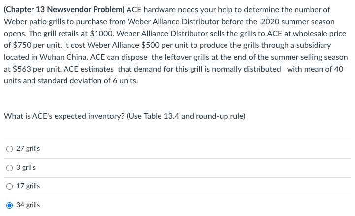 (Chapter 13 Newsvendor Problem) ACE hardware