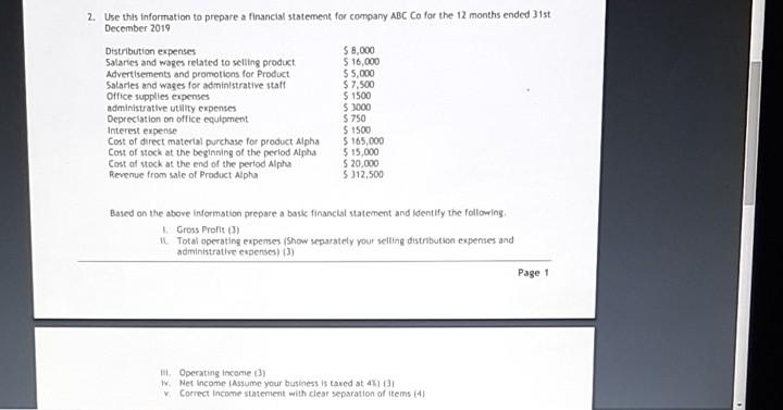 2. Use this information to prepare a financial