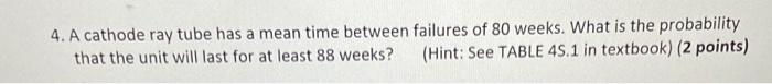 4. A cathode ray tube has a mean time between