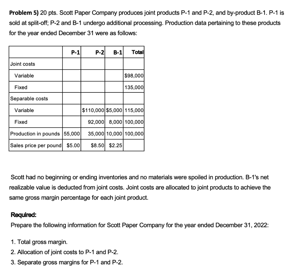 Problem 5) 20 pts. Scott Paper Company produces