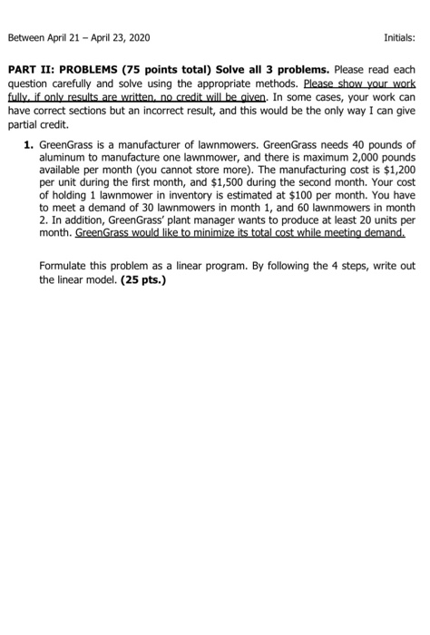 Between April 21 - April 23, 2020 Initials: PART