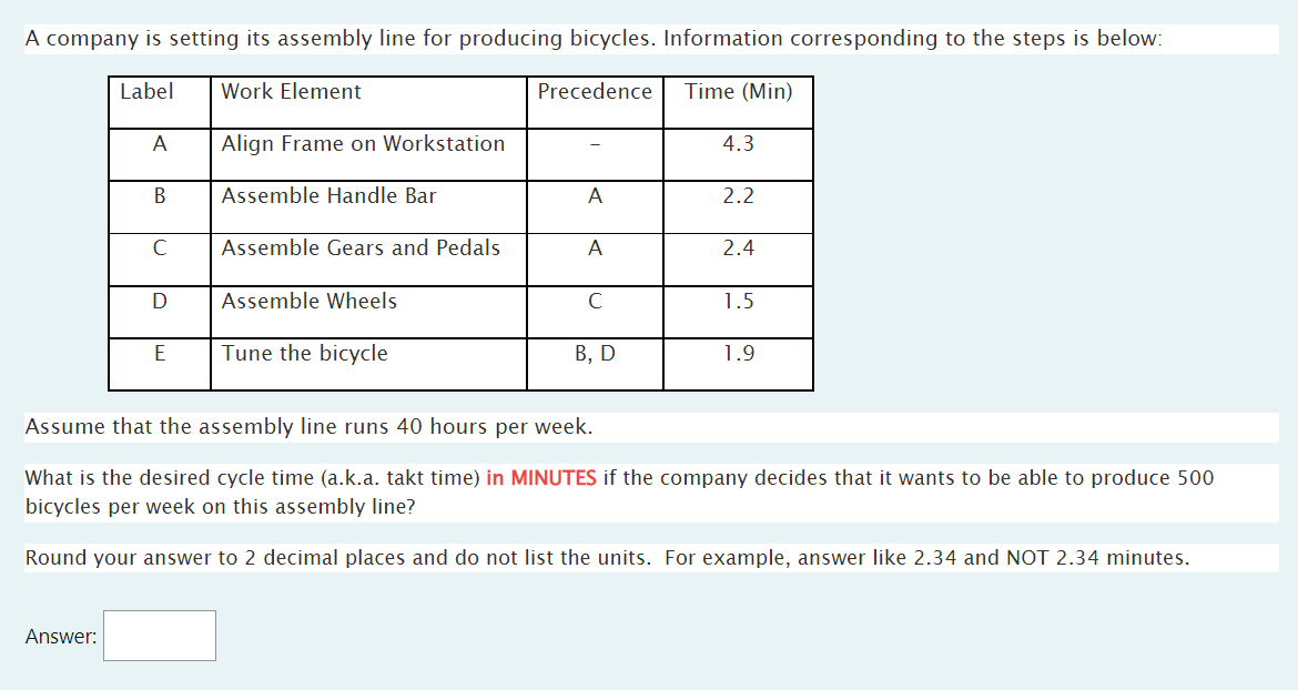 A company is setting its assembly line for
