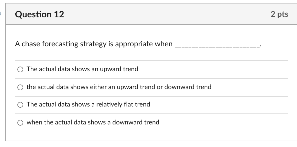 Question 12 2 pts A chase forecasting strategy is