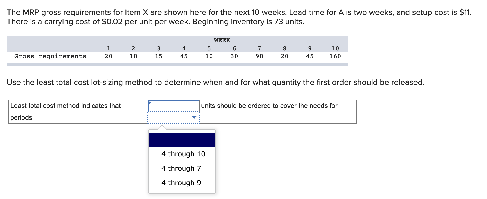 The MRP gross requirements for Item X are shown