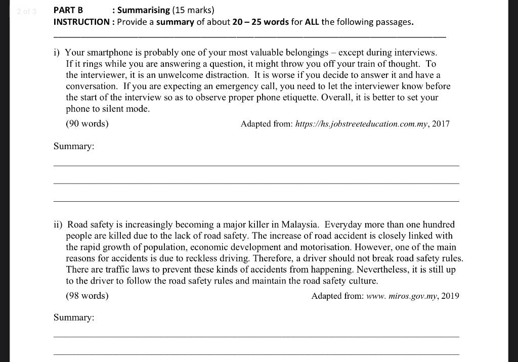 2013 PART B : Summarising (15 marks) INSTRUCTION