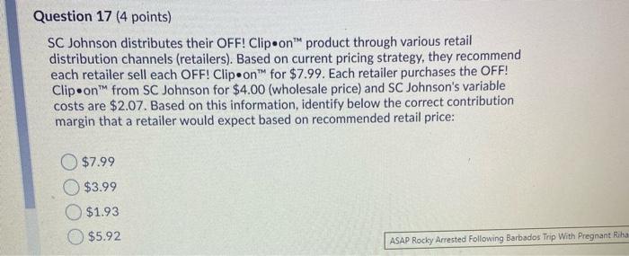 answer please Question 17 (4 points) SC Johnson