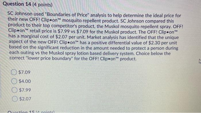 answer please Question 17 (4 points) SC Johnson