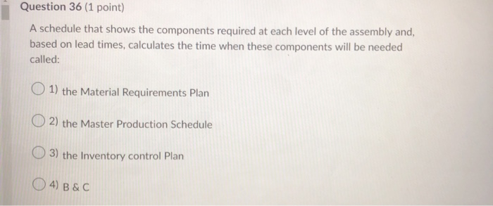 Question 36 (1 point) A schedule that shows the