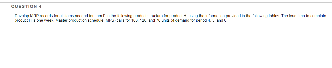 QUESTION 4 Develop MRP records for all items