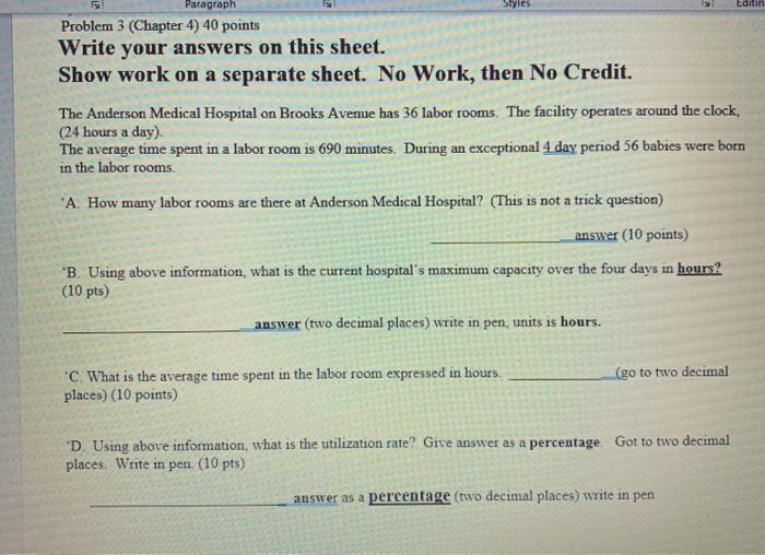 Editini Paragraph Problem 3 (Chapter 4) 40 points