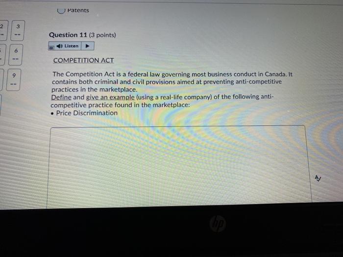 Patents 2 3 Question 11 (3 points) < Listen 3 6