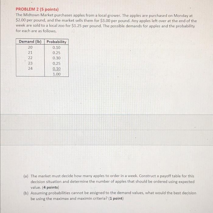 PROBLEM 2 (5 points) The Midtown Market purchases