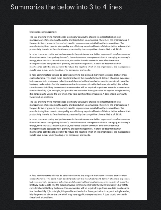 Summarize the below into 3 to 4 lines Maintenance