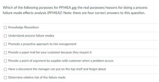 Which of the following purposes for PFMEA are the