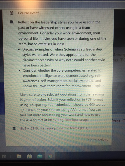 F Course event E Reflect on the leadership styles