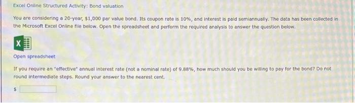 Excel Online Structured Activity: Bond valuation
