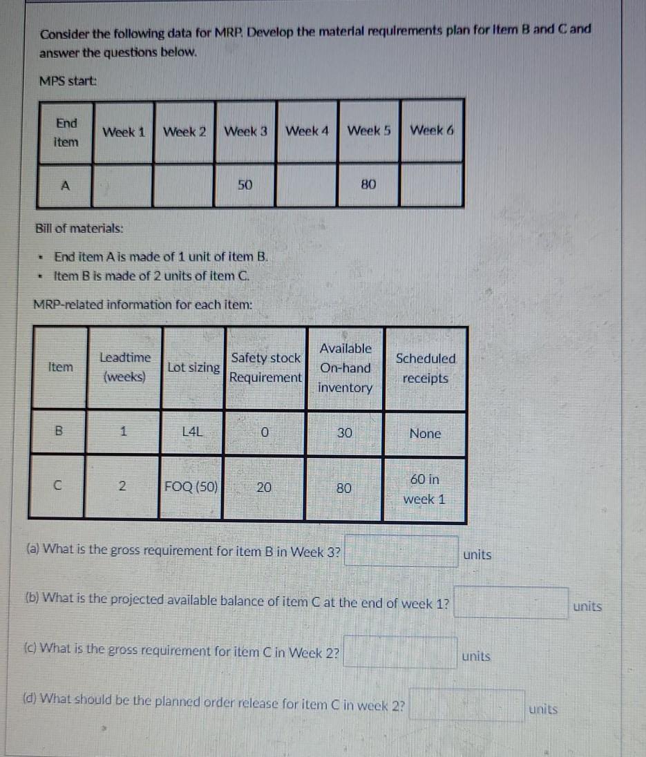 a. gross requirement for Item B in week 3 b.
