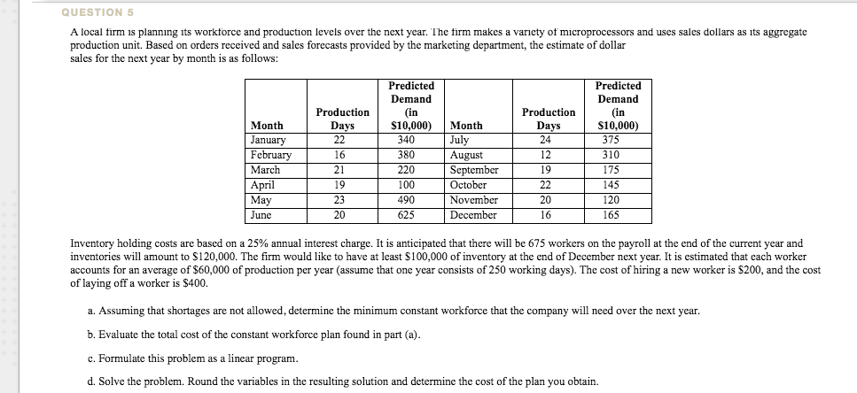QUESTION 5 A local firm is planning its workforce