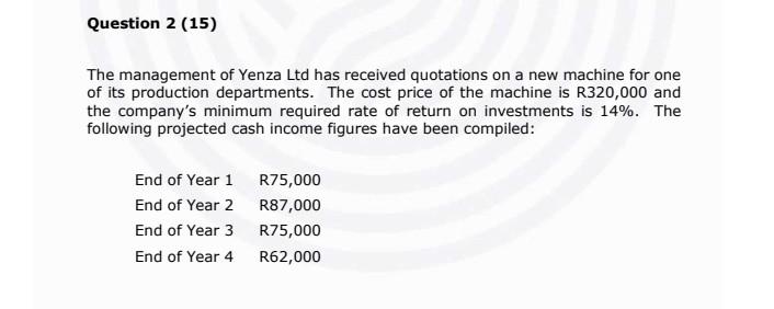 Question 2 (15) The management of Yenza Ltd has
