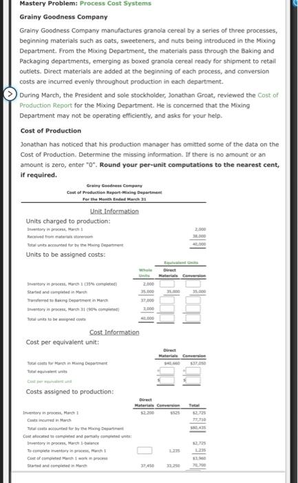 please help!! Mastery Problem: Process Cost
