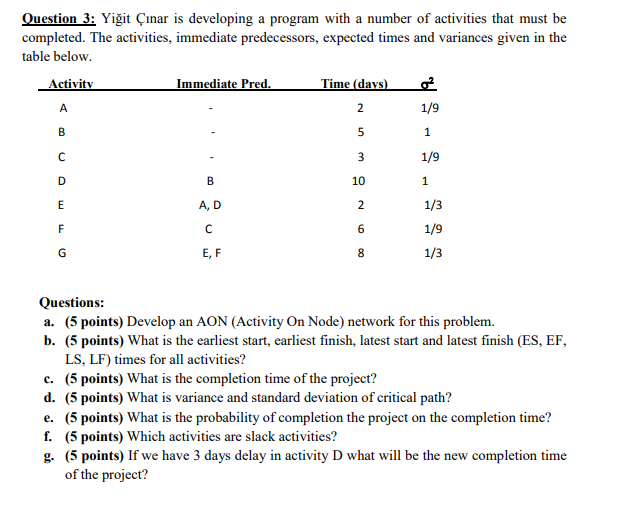 Question 3: Yiit nar is developing a program with