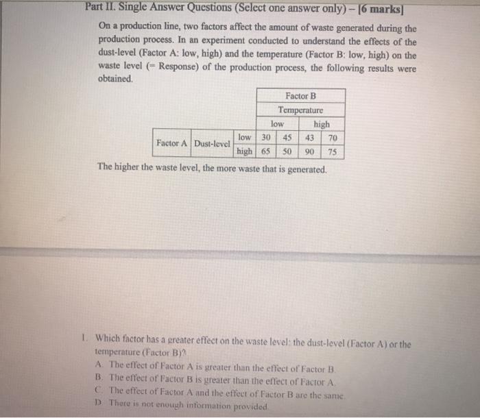 Part II. Single Answer Questions (Select one