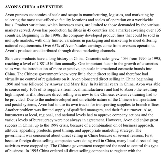 AVON'S CHINA ADVENTURE Avon pursues economies of