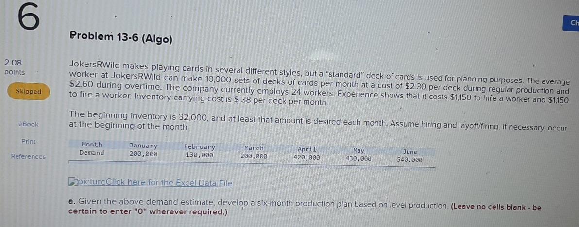 6 Ch Problem 13-6 (Algo) 2.08 points JokersRWild