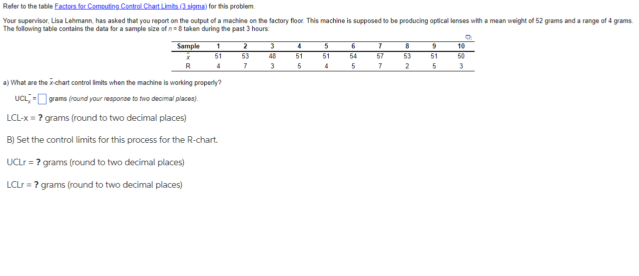 Refer to the table Factors for Computing Control