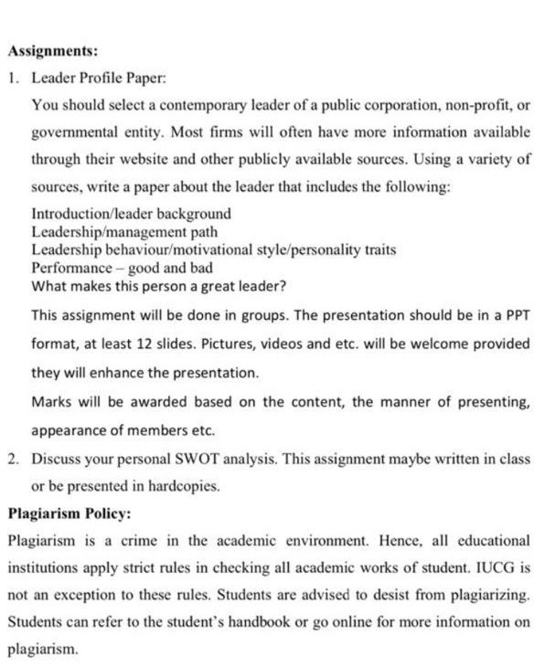 Assignments: 1. Leader Profile Paper: You should