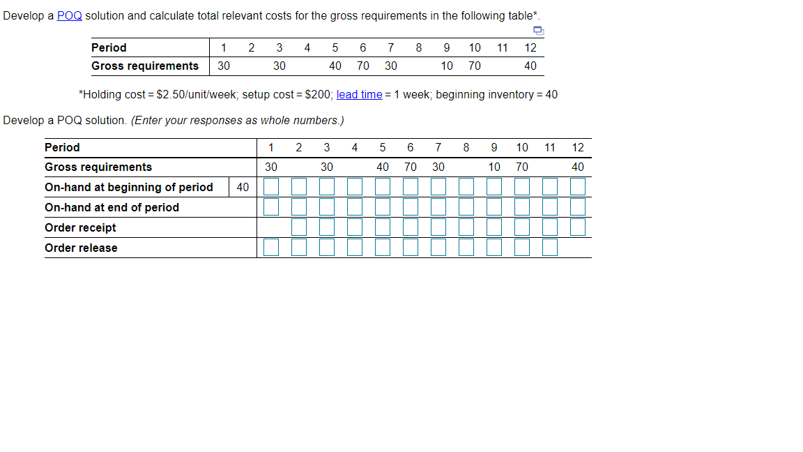 Develop a POQ solution and calculate total