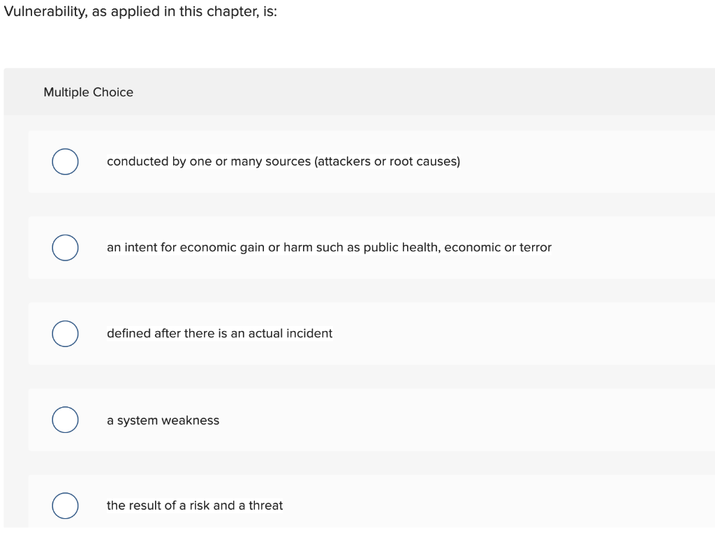 Vulnerability, as applied in this chapter, is: