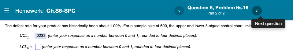Question 6, Problem 6s. 16 = Homework: Ch.S6-SPC